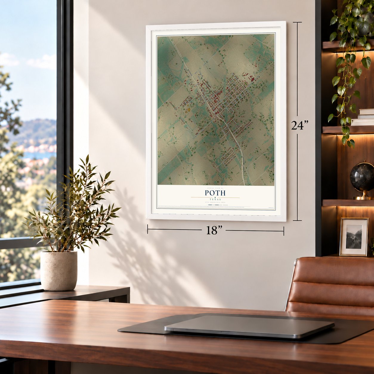 Poth, Texas map, 18 x 24 inch print in a white frame in a home office