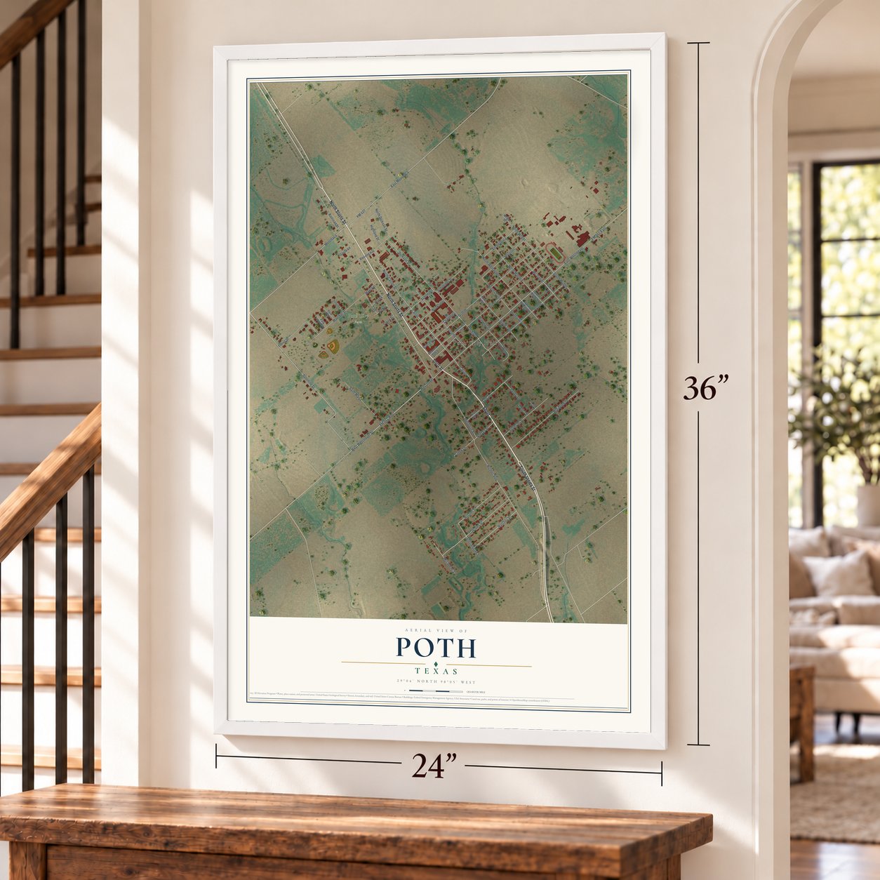 Poth, Texas map, 24 x 36 inch print in a white frame by a staircase