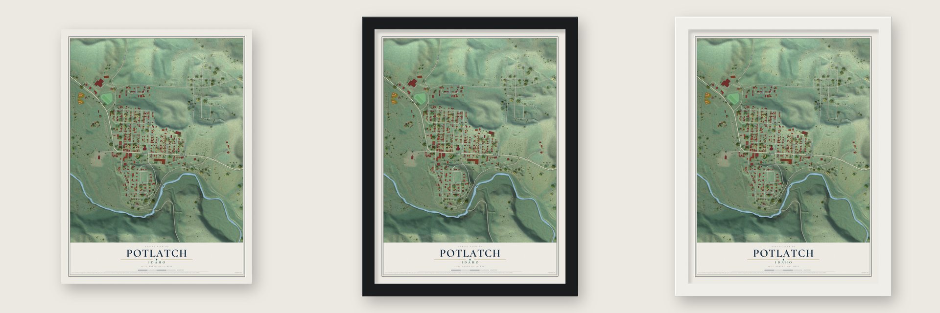 Potlatch, Idaho map unframed, in a black wood frame and in a white wood frame