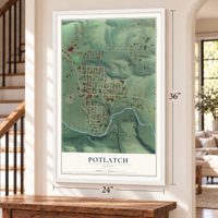 Potlatch, Idaho map, 24 x 36 inch print in a white frame by a staircase