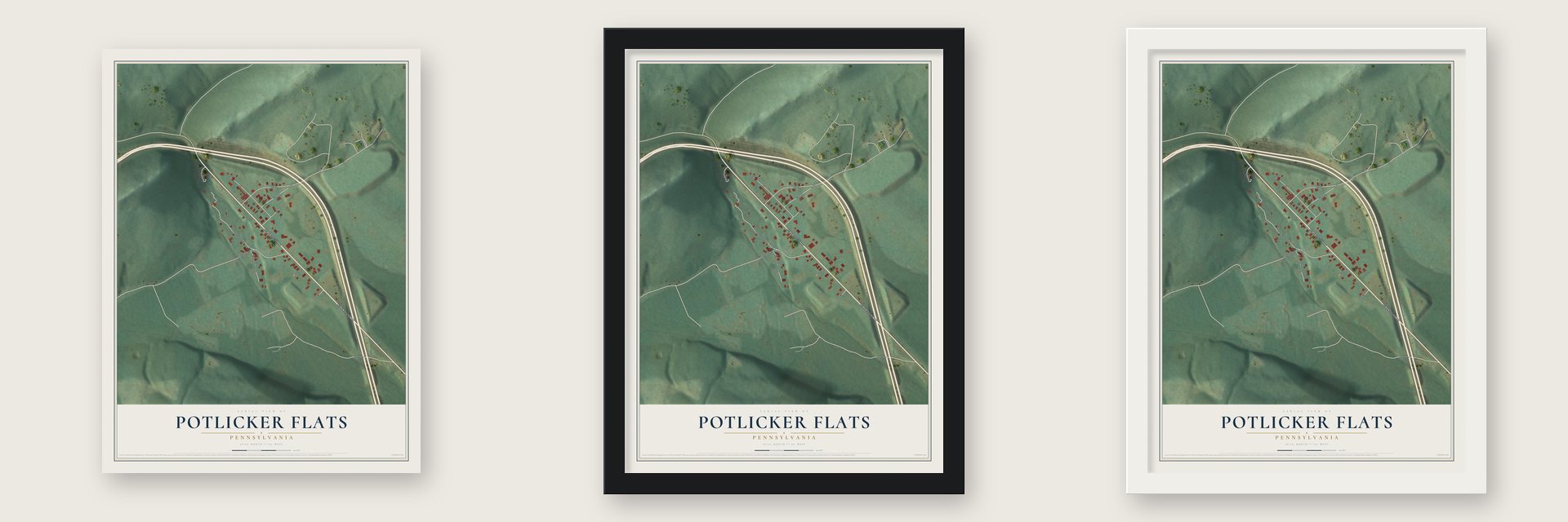 Potlicker Flats, Pennsylvania map unframed, in a black wood frame and in a white wood frame