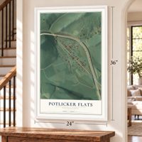Potlicker Flats, Pennsylvania map, 24 x 36 inch print in a white frame by a staircase