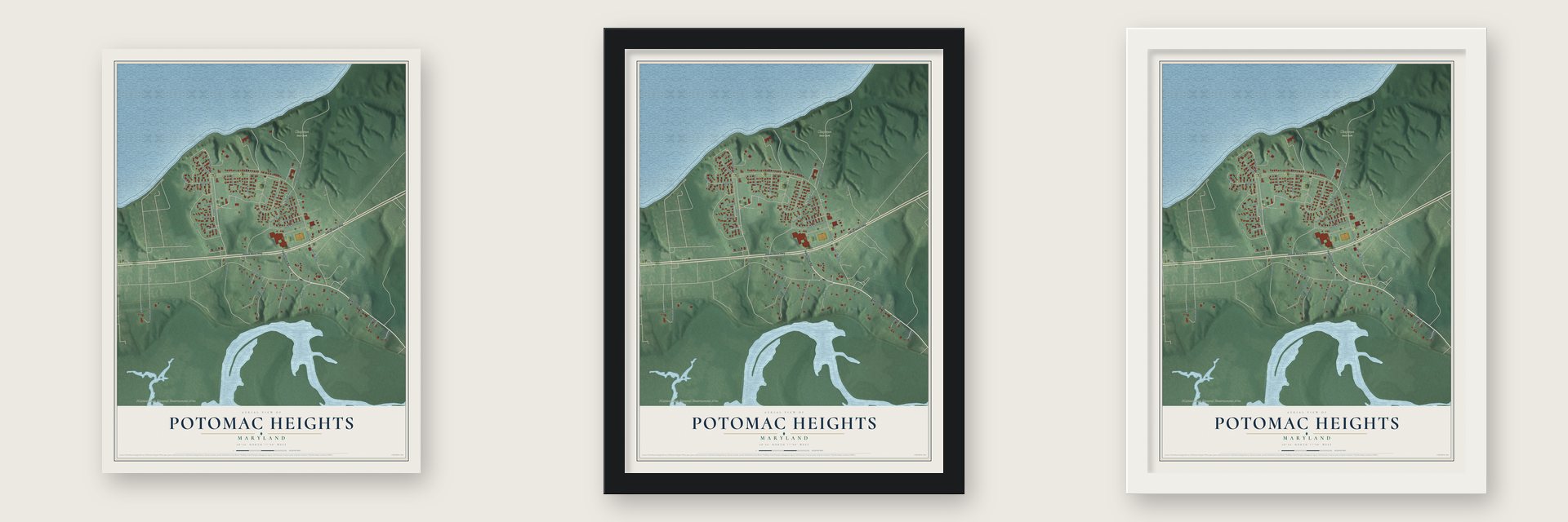 Potomac Heights, Maryland map unframed, in a black wood frame and in a white wood frame