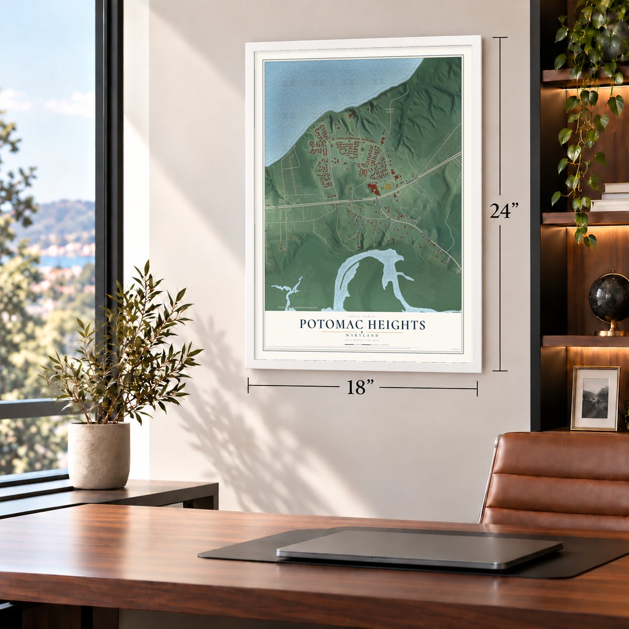 Potomac Heights, Maryland map, 18 x 24 inch print in a white frame in a home office