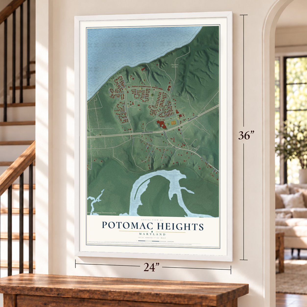 Potomac Heights, Maryland map, 24 x 36 inch print in a white frame by a staircase