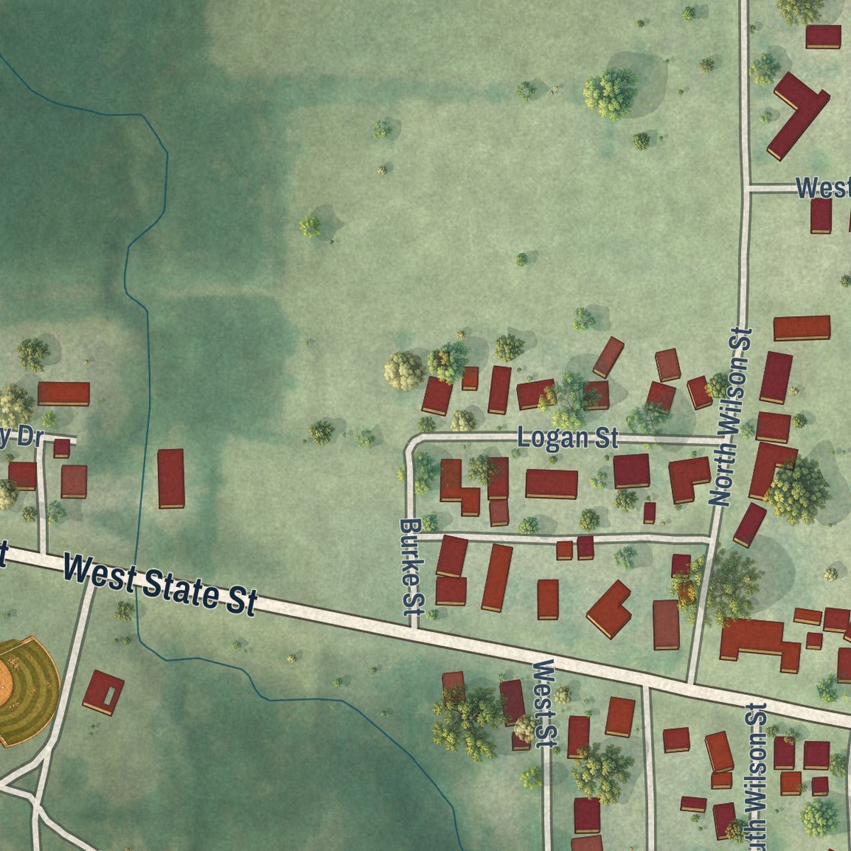 Second close-up of the map of Potomac, Illinois print showing more streets and buildings