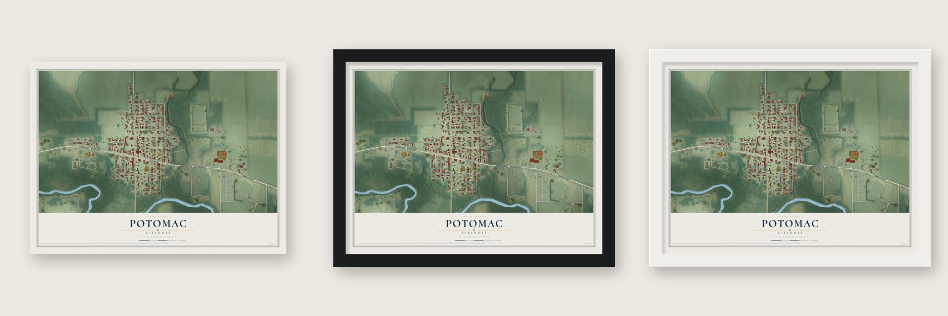 Potomac, Illinois map unframed, in a black wood frame and in a white wood frame
