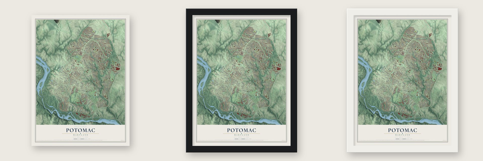 Potomac, Maryland map unframed, in a black wood frame and in a white wood frame