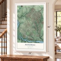 Potomac, Maryland map, 24 x 36 inch print in a white frame by a staircase
