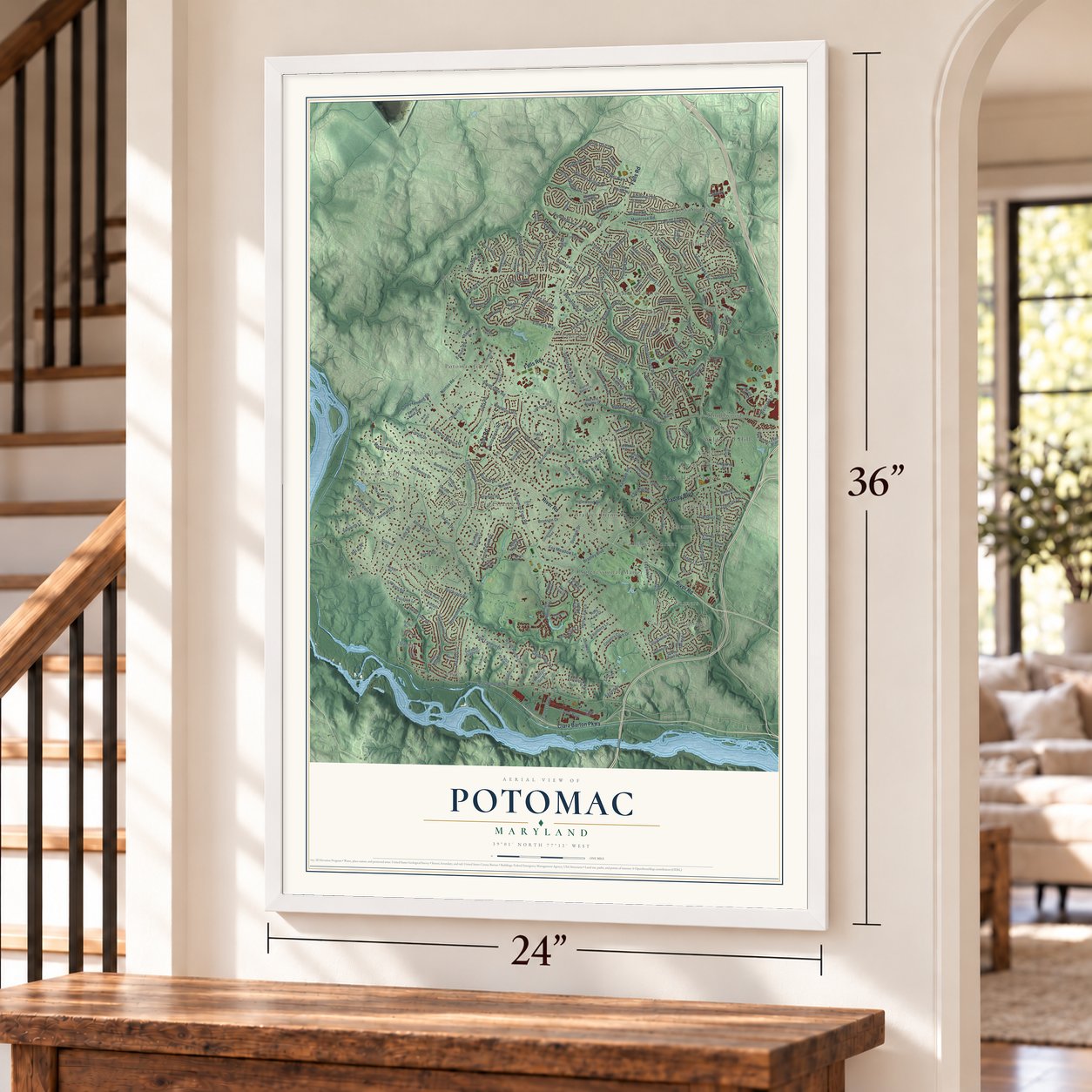 Potomac, Maryland map, 24 x 36 inch print in a white frame by a staircase