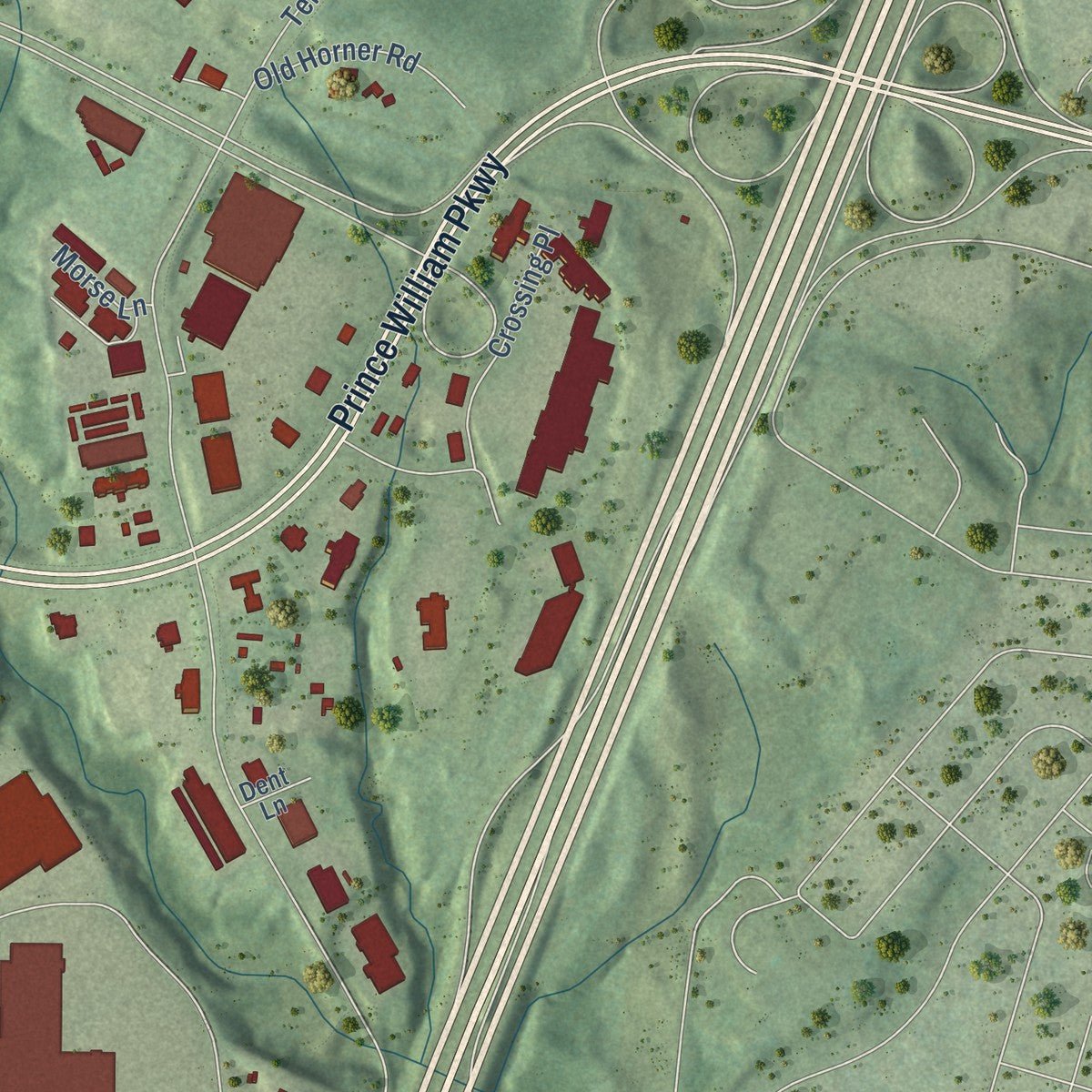 Second close-up of the map of Potomac Mills, Virginia print showing more streets and buildings
