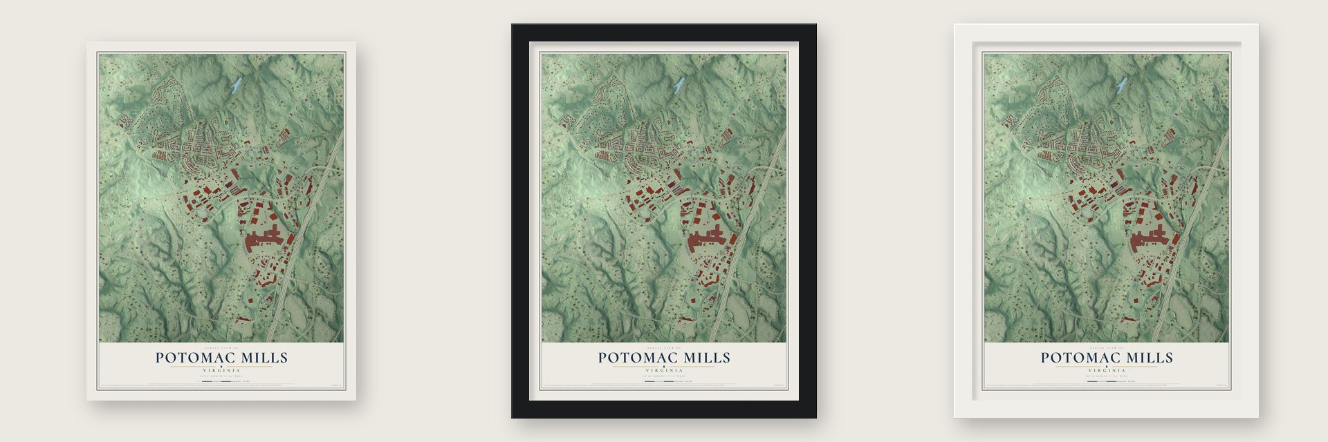 Potomac Mills, Virginia map unframed, in a black wood frame and in a white wood frame