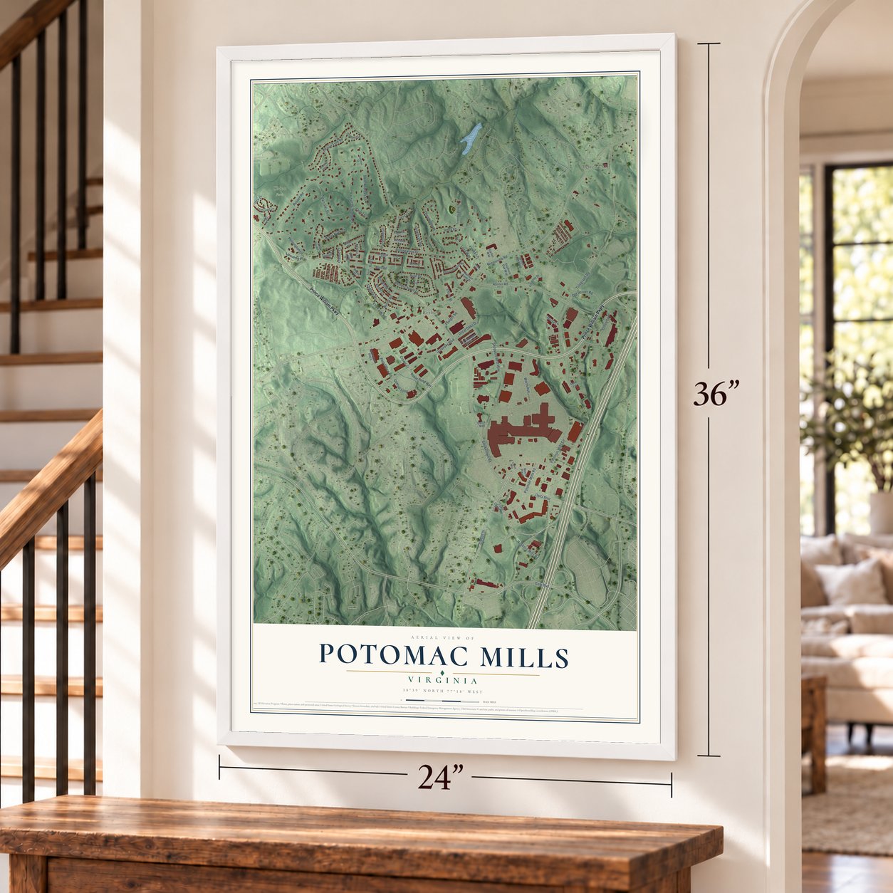 Potomac Mills, Virginia map, 24 x 36 inch print in a white frame by a staircase