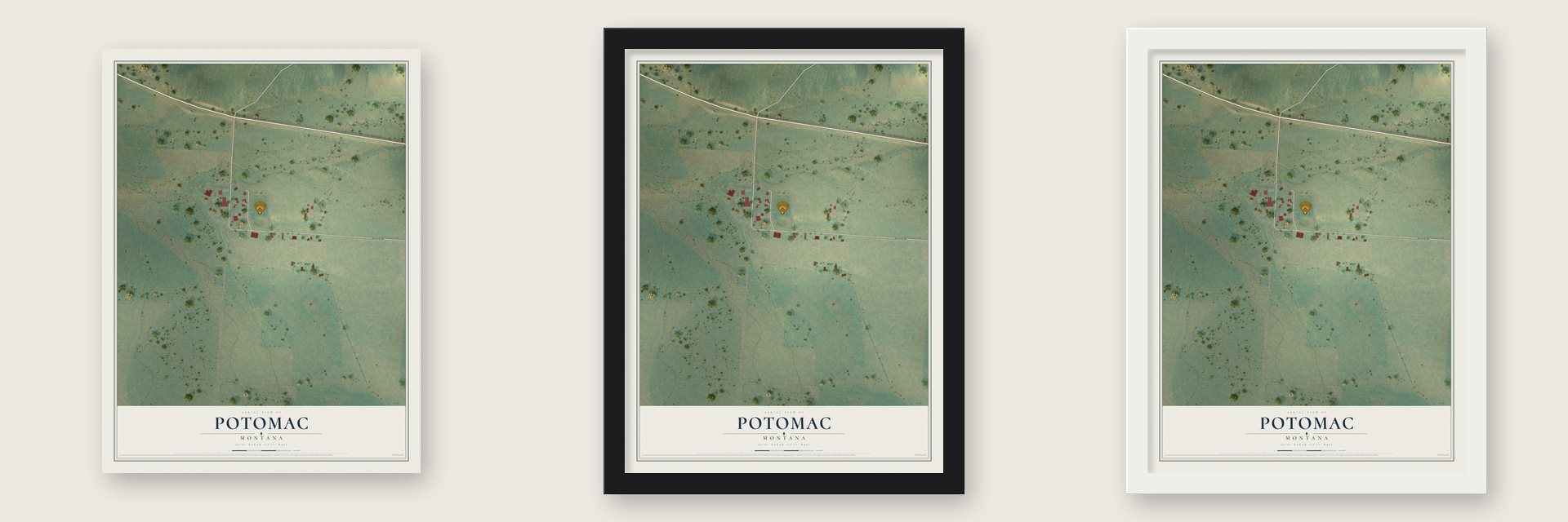 Potomac, Montana map unframed, in a black wood frame and in a white wood frame