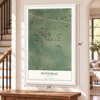 Potomac, Montana map, 24 x 36 inch print in a white frame by a staircase
