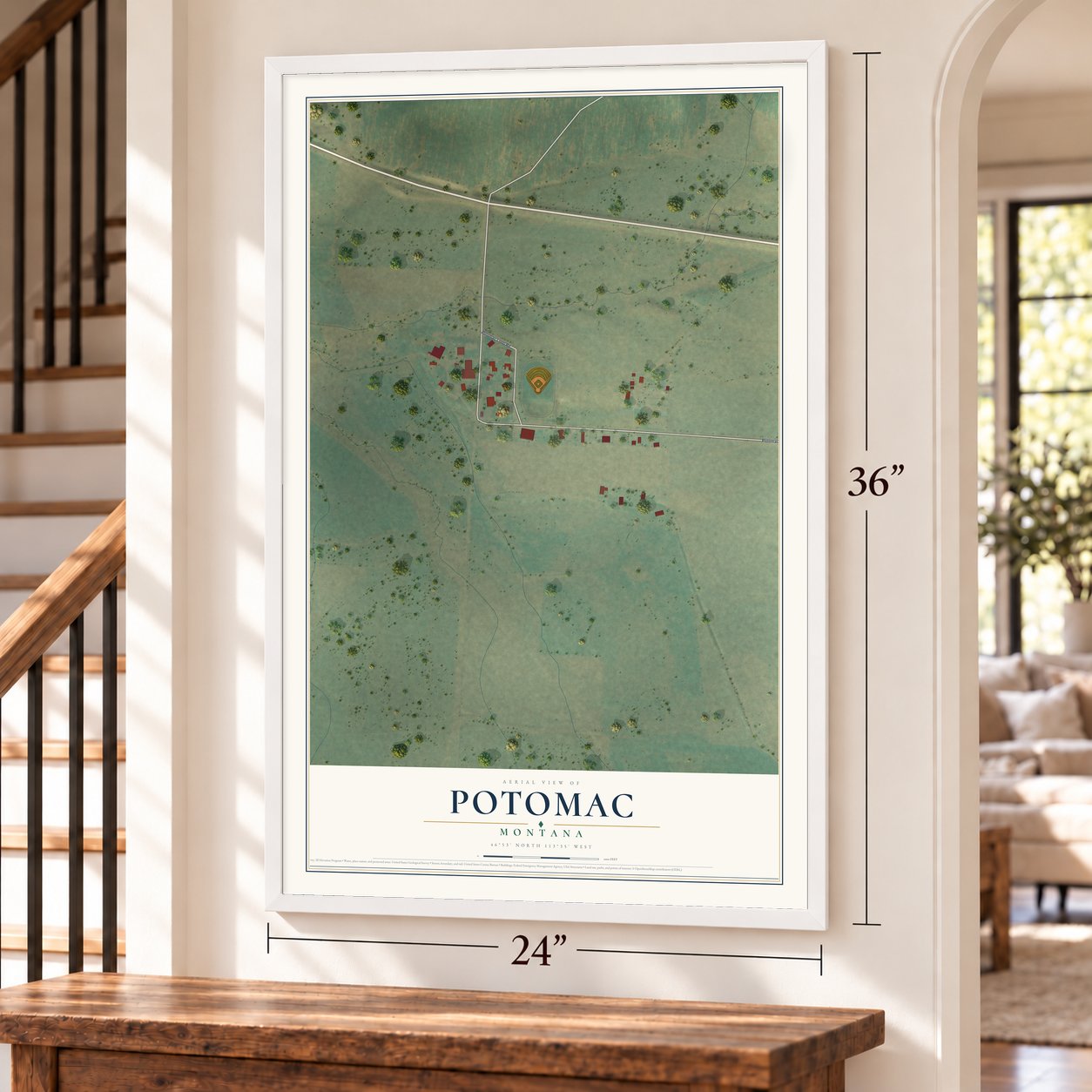 Potomac, Montana map, 24 x 36 inch print in a white frame by a staircase