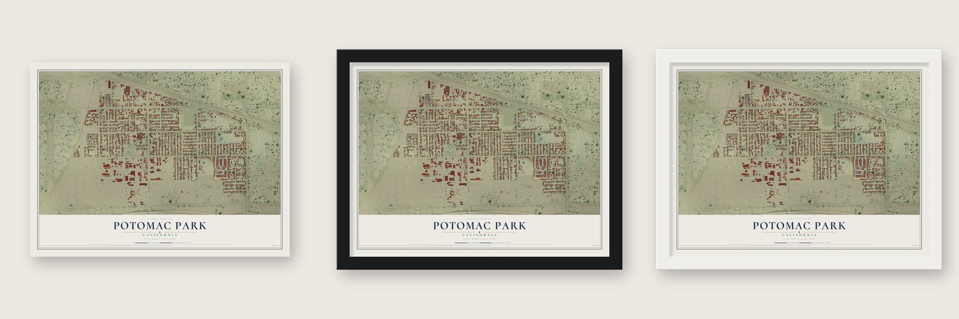 Potomac Park, California map unframed, in a black wood frame and in a white wood frame
