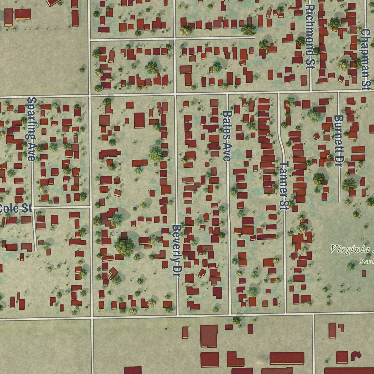 Second close-up of the map of Potomac Park, California print showing more streets and buildings
