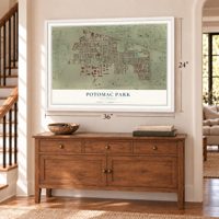 Potomac Park, California map, 24 x 36 inch print in a white frame above a dresser by a staircase