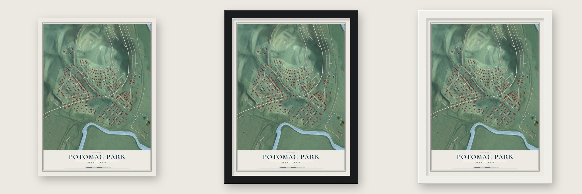 Potomac Park, Maryland map unframed, in a black wood frame and in a white wood frame