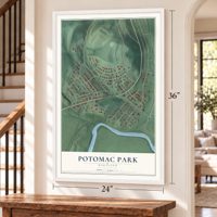 Potomac Park, Maryland map, 24 x 36 inch print in a white frame by a staircase