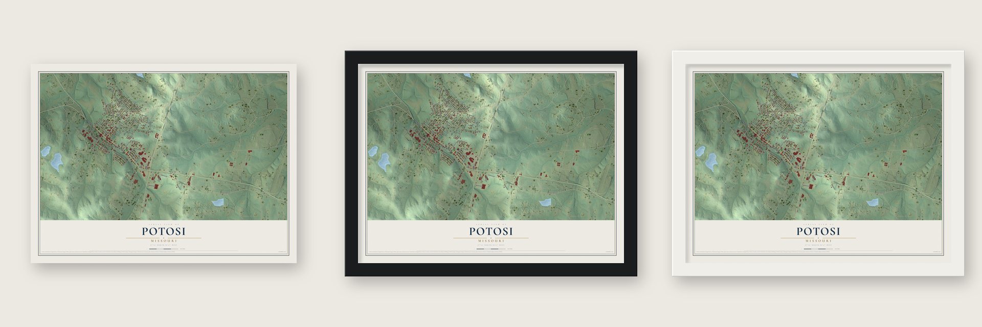 Potosi, Missouri map unframed, in a black wood frame and in a white wood frame