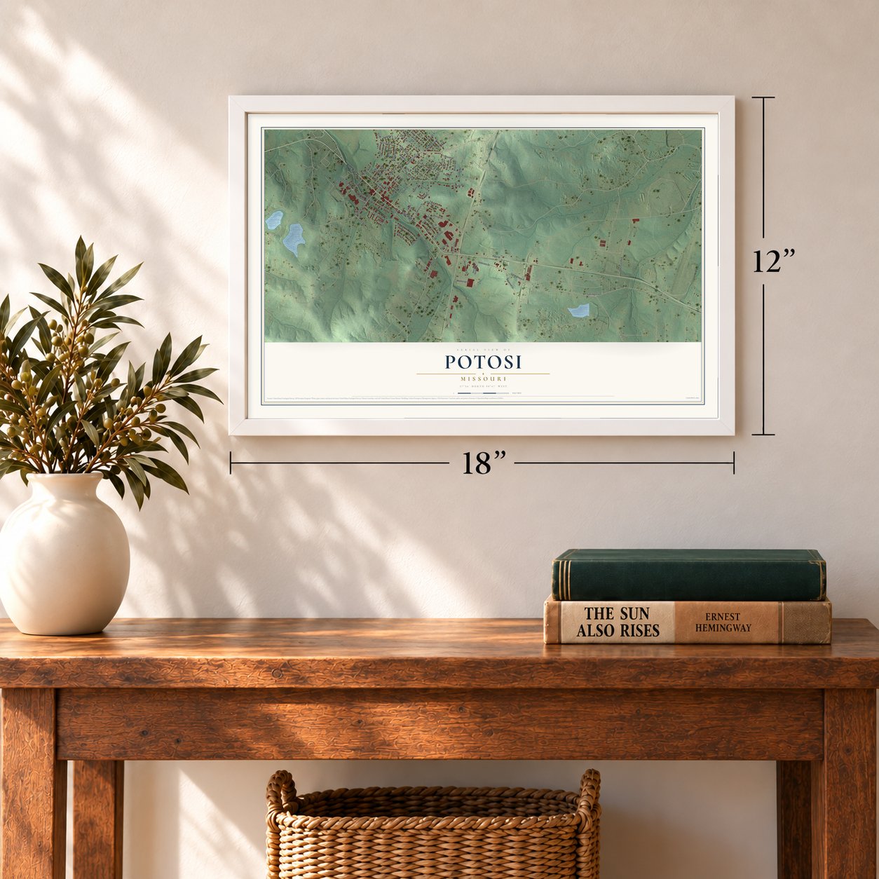 Potosi, Missouri map, 12 x 18 inch print in a white frame in an entryway