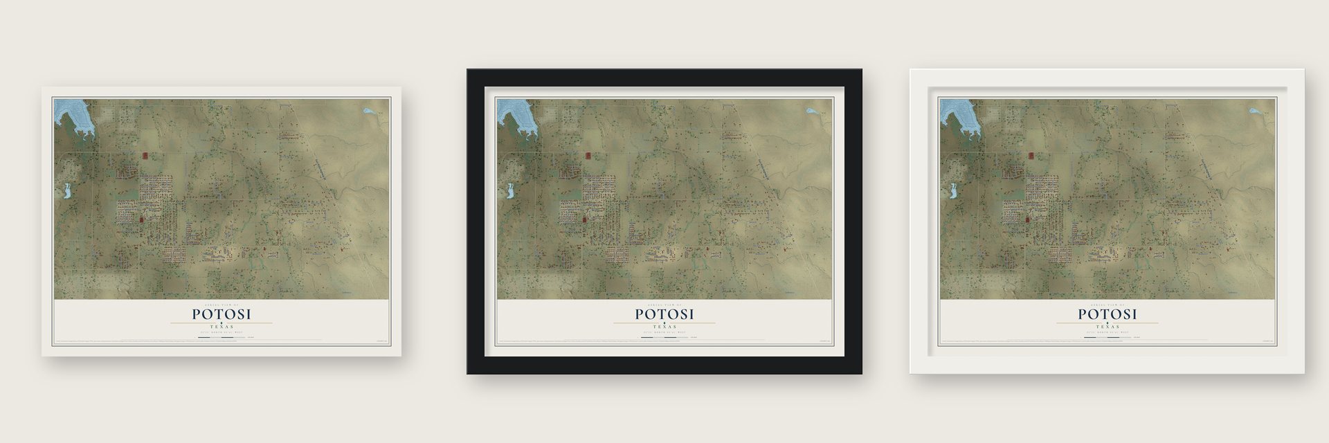 Potosi, Texas map unframed, in a black wood frame and in a white wood frame