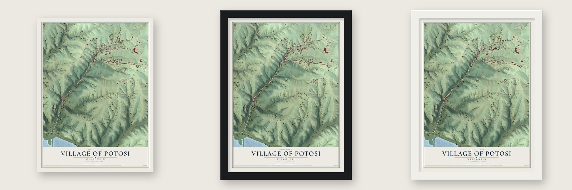 Potosi, Wisconsin map unframed, in a black wood frame and in a white wood frame