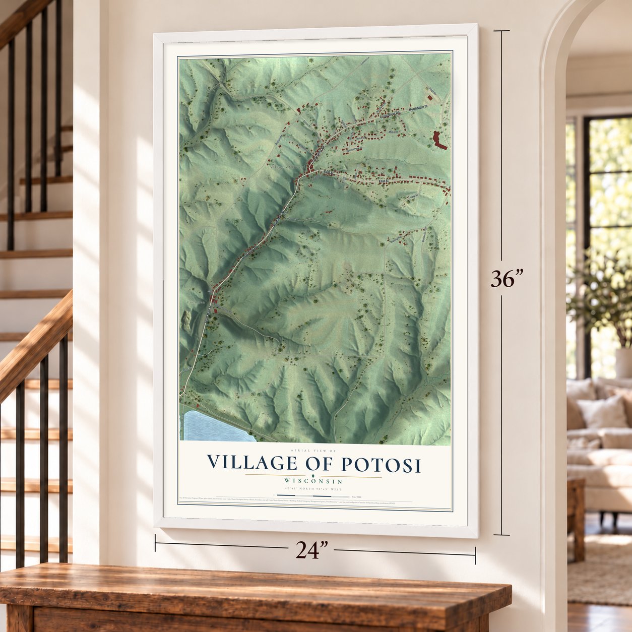 Potosi, Wisconsin map, 24 x 36 inch print in a white frame by a staircase