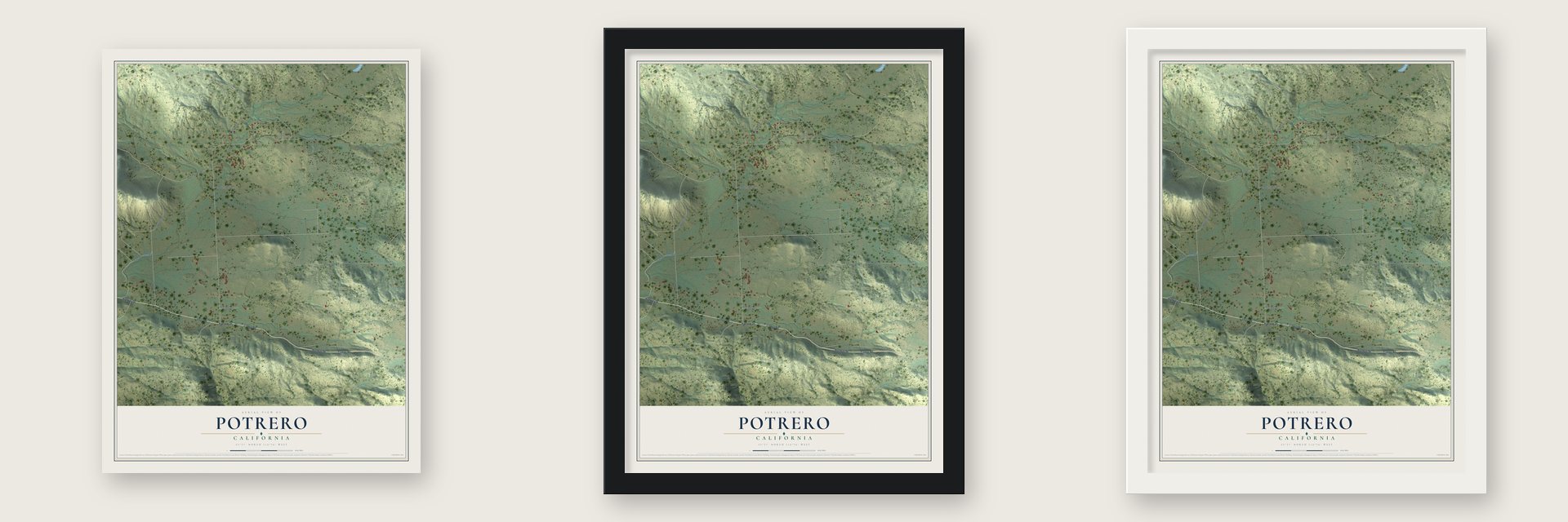 Potrero, California map unframed, in a black wood frame and in a white wood frame