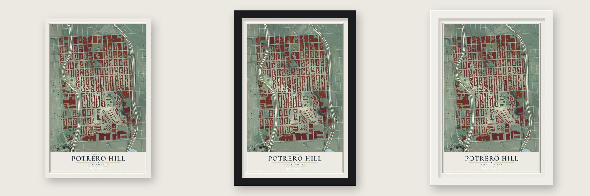 Potrero Hill, California map unframed, in a black wood frame and in a white wood frame