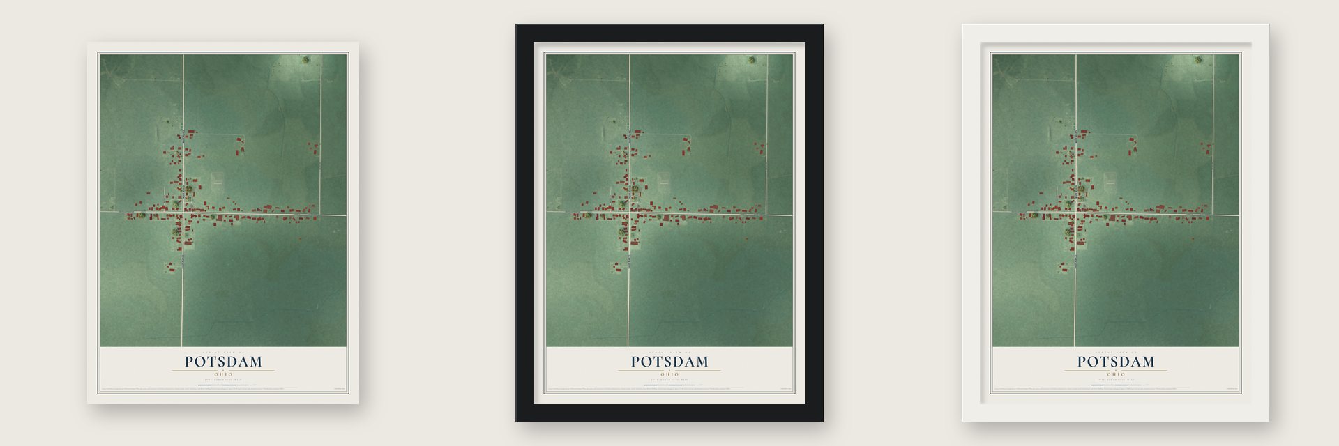Potsdam, Ohio map unframed, in a black wood frame and in a white wood frame