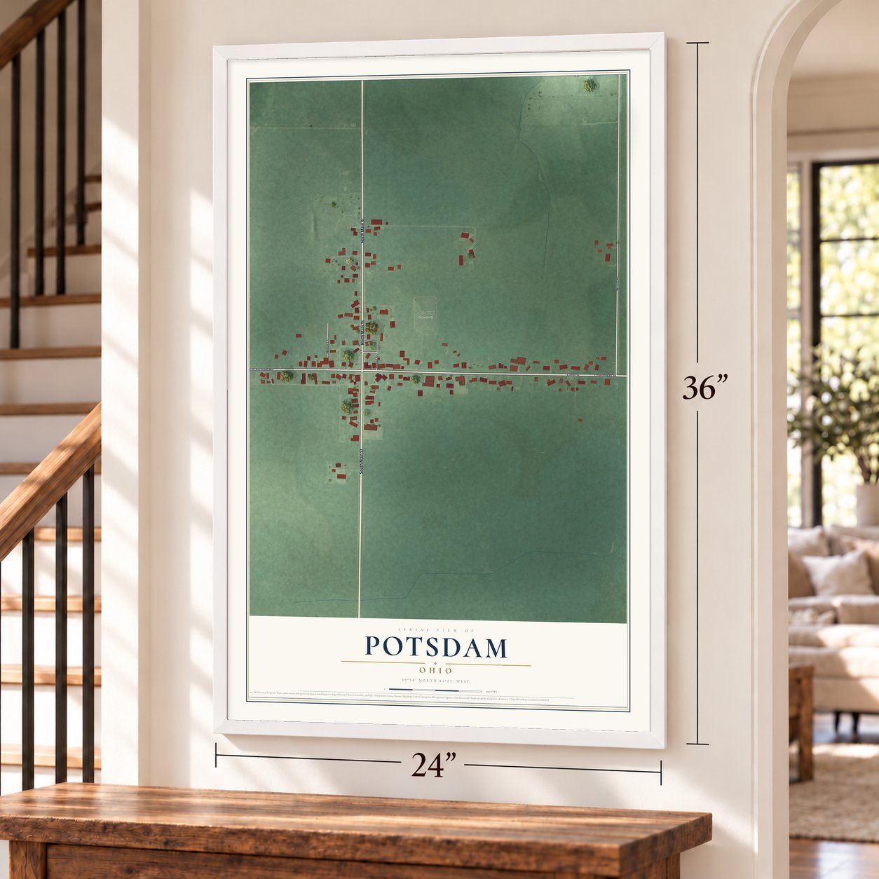 Potsdam, Ohio map, 24 x 36 inch print in a white frame by a staircase