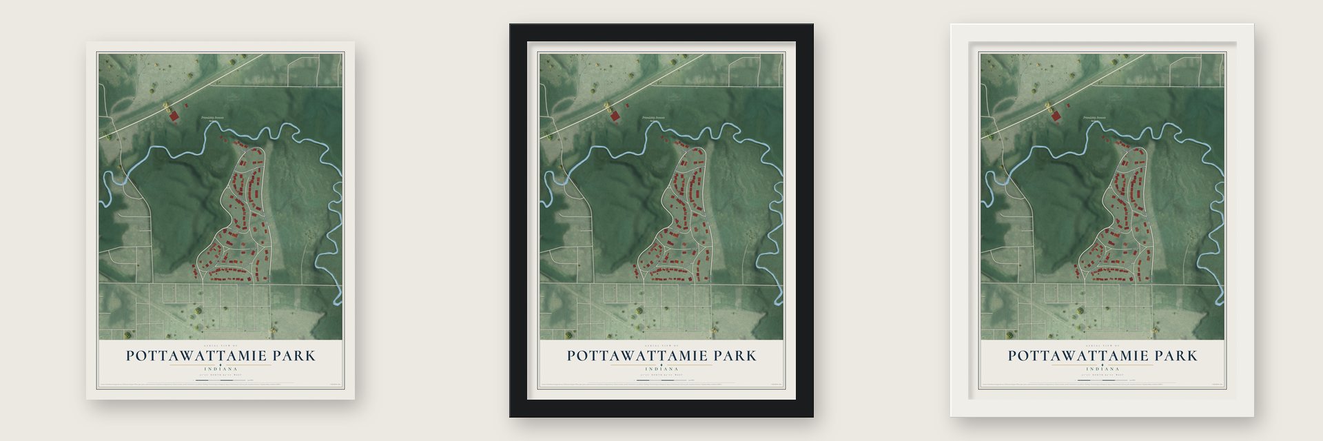 Pottawattamie Park, Indiana map unframed, in a black wood frame and in a white wood frame