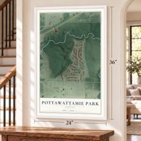 Pottawattamie Park, Indiana map, 24 x 36 inch print in a white frame by a staircase