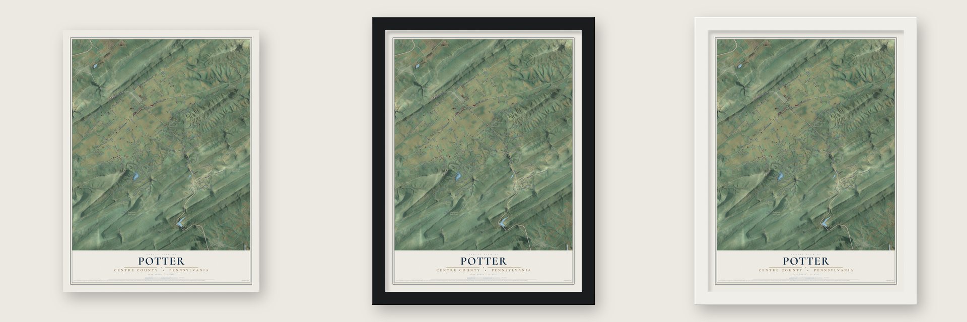 Potter, Centre County, Pennsylvania map unframed, in a black wood frame and in a white wood frame