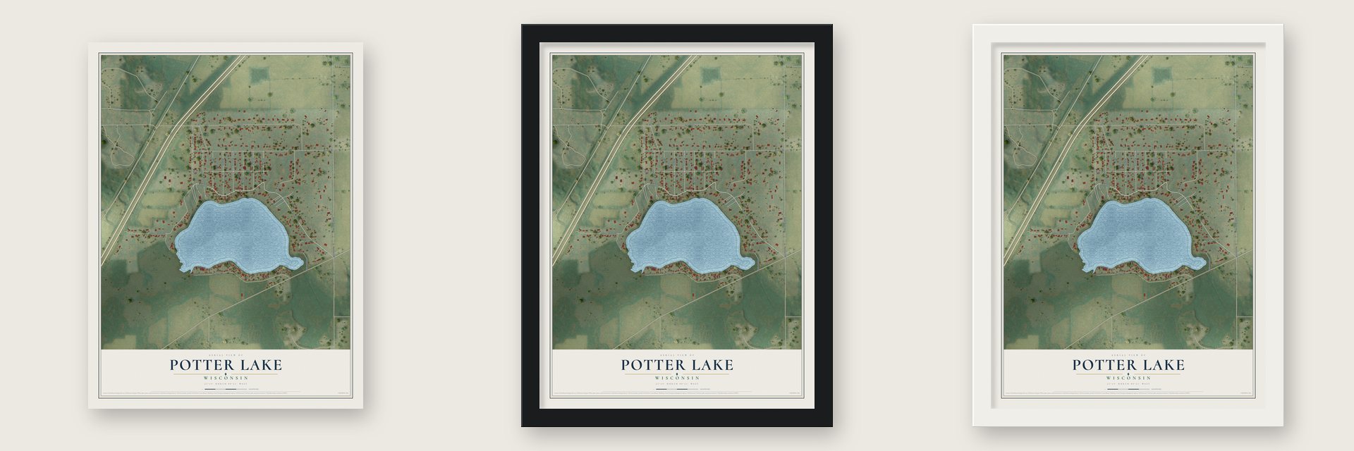Potter Lake, Wisconsin map unframed, in a black wood frame and in a white wood frame