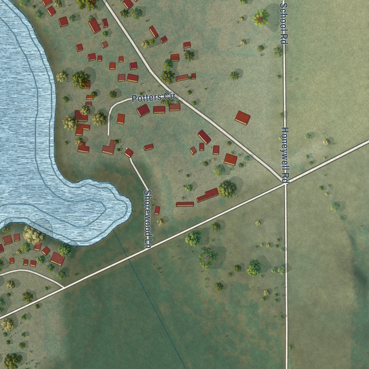 Second close-up of the map of Potter Lake, Wisconsin print showing more streets and buildings