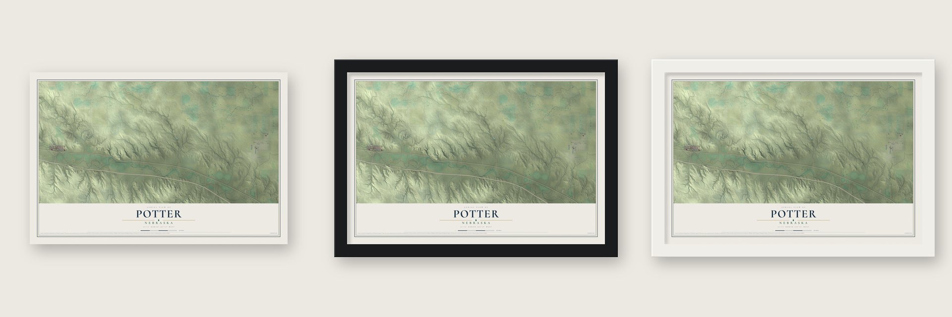 Potter, Nebraska map unframed, in a black wood frame and in a white wood frame