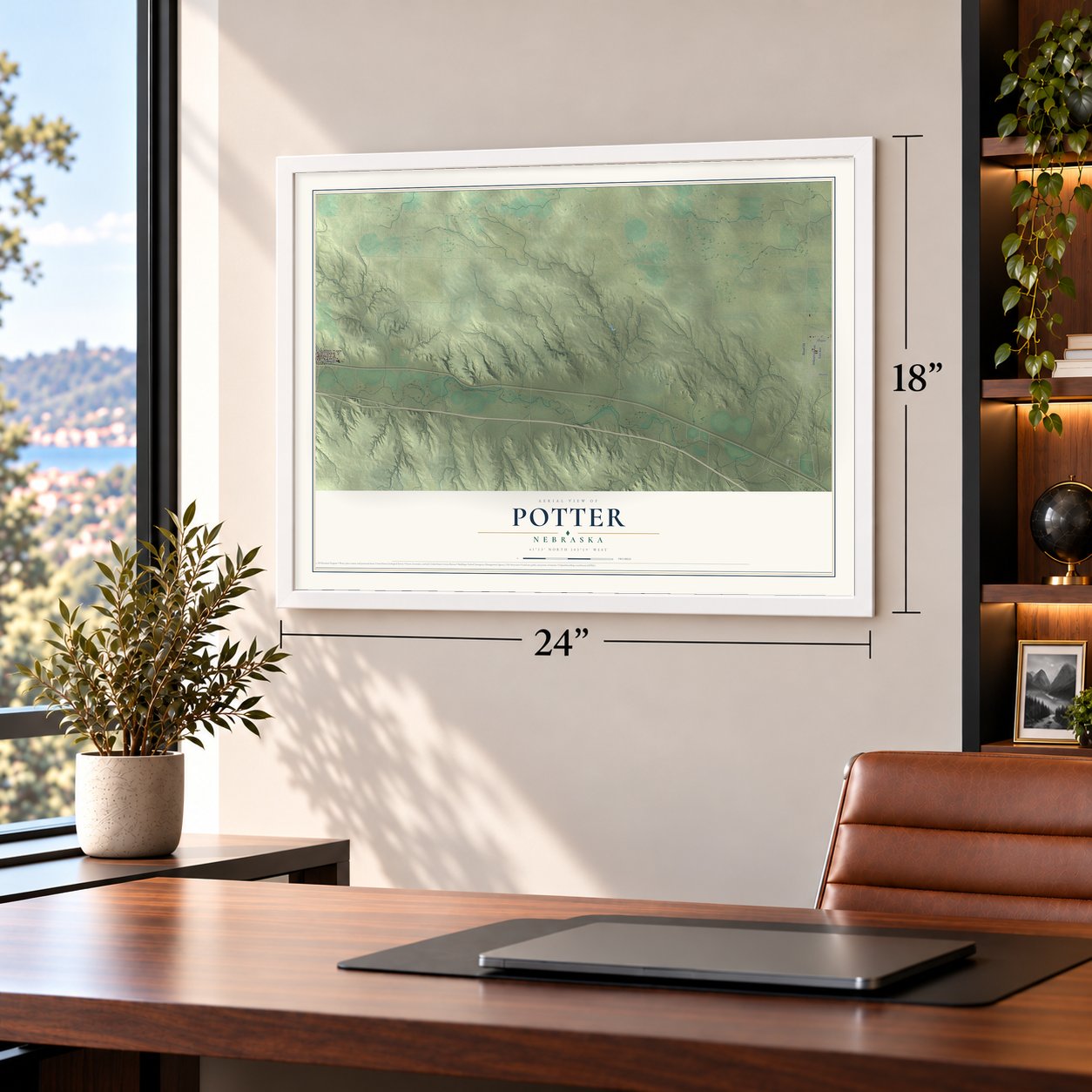 Potter, Nebraska map, 18 x 24 inch print in a white frame in a home office