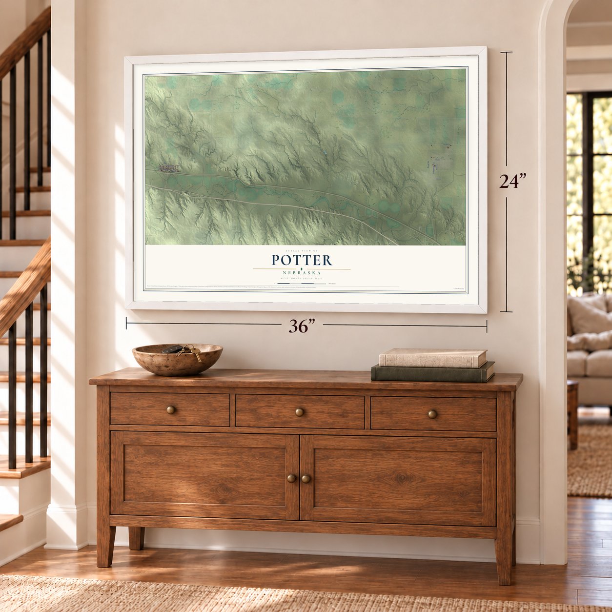 Potter, Nebraska map, 24 x 36 inch print in a white frame above a dresser by a staircase