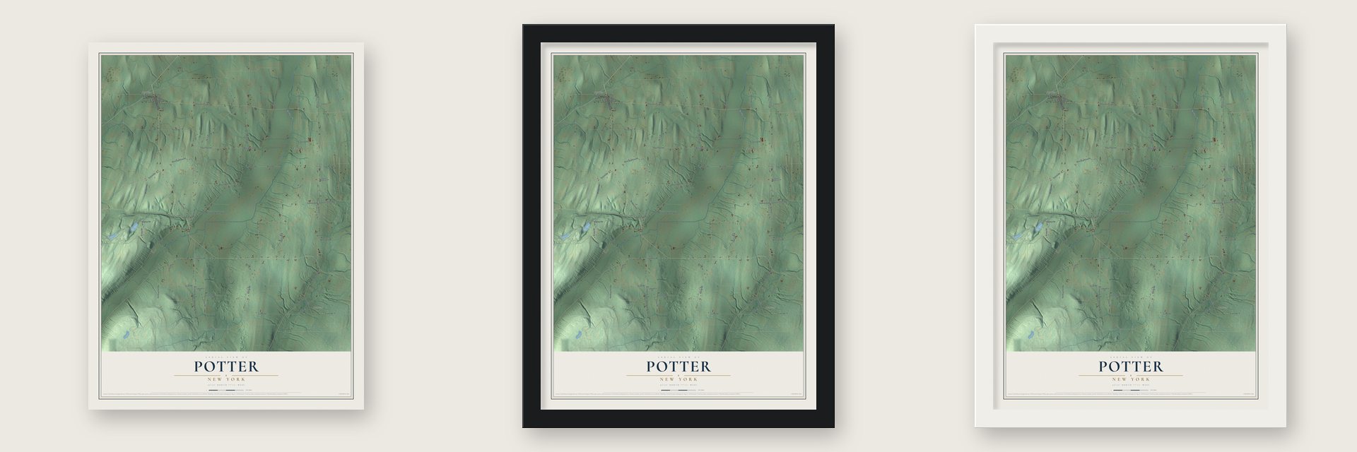Potter, New York map unframed, in a black wood frame and in a white wood frame