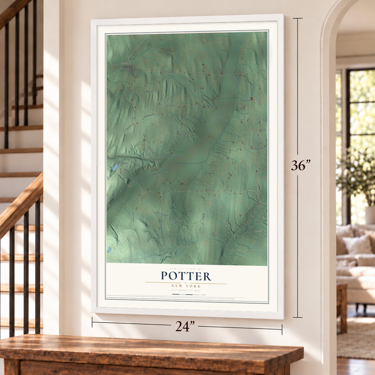 Potter, New York map, 24 x 36 inch print in a white frame by a staircase