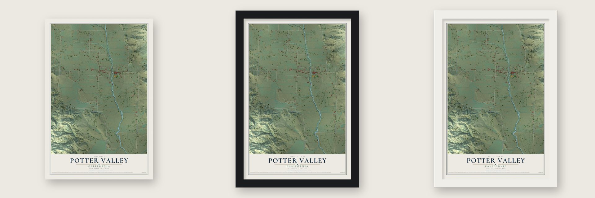 Potter Valley, California map unframed, in a black wood frame and in a white wood frame