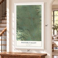 Potter Valley, California map, 24 x 36 inch print in a white frame by a staircase