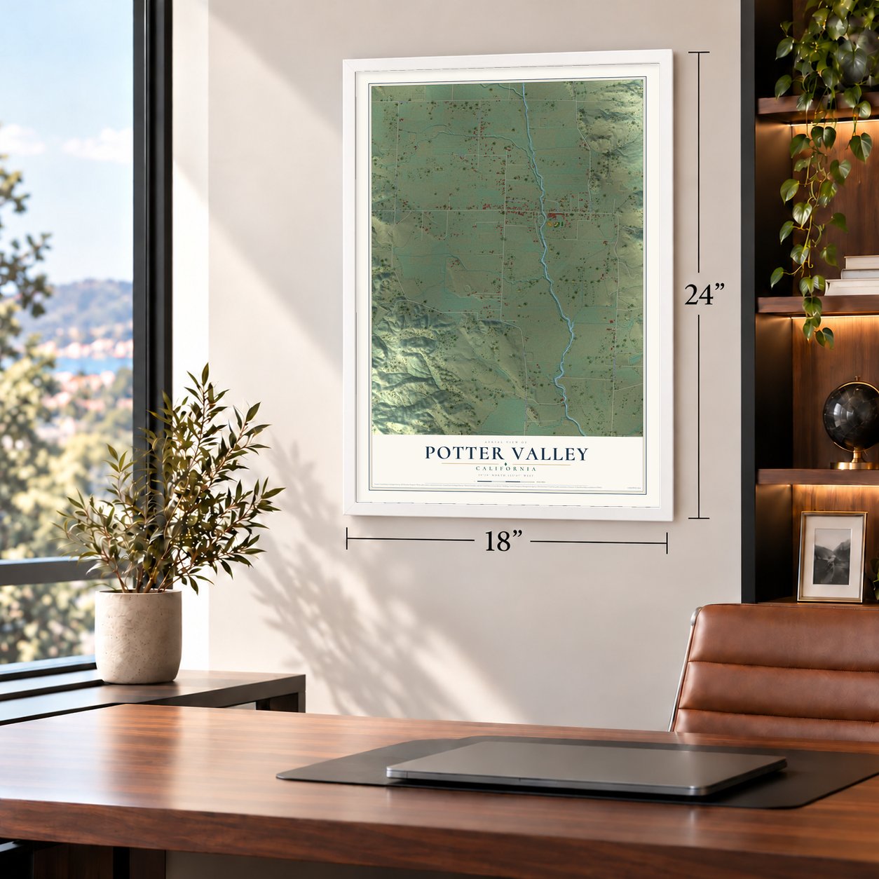 Potter Valley, California map, 18 x 24 inch print in a white frame in a home office