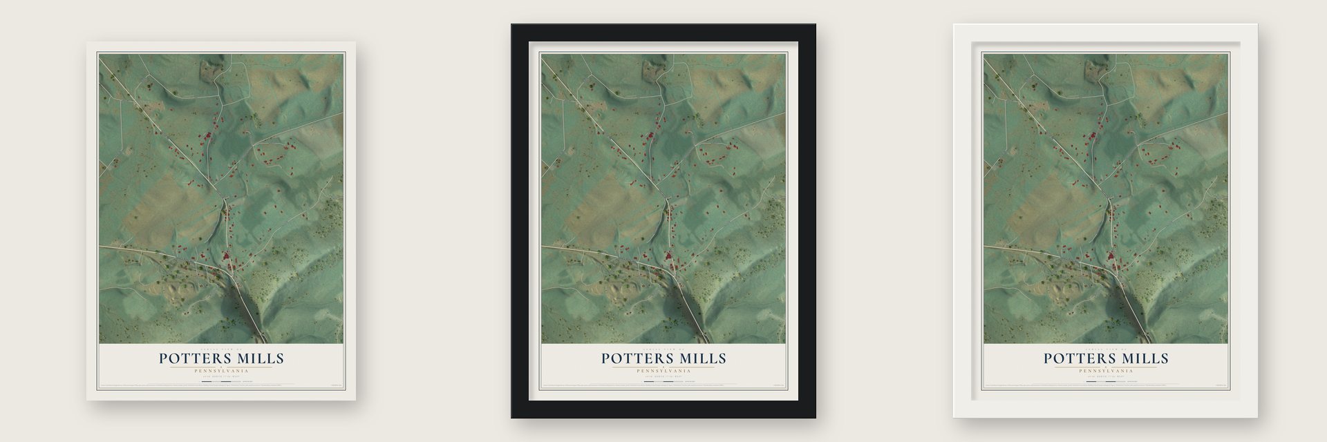 Potters Mills, Pennsylvania map unframed, in a black wood frame and in a white wood frame