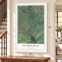 Potters Mills, Pennsylvania map, 24 x 36 inch print in a white frame by a staircase