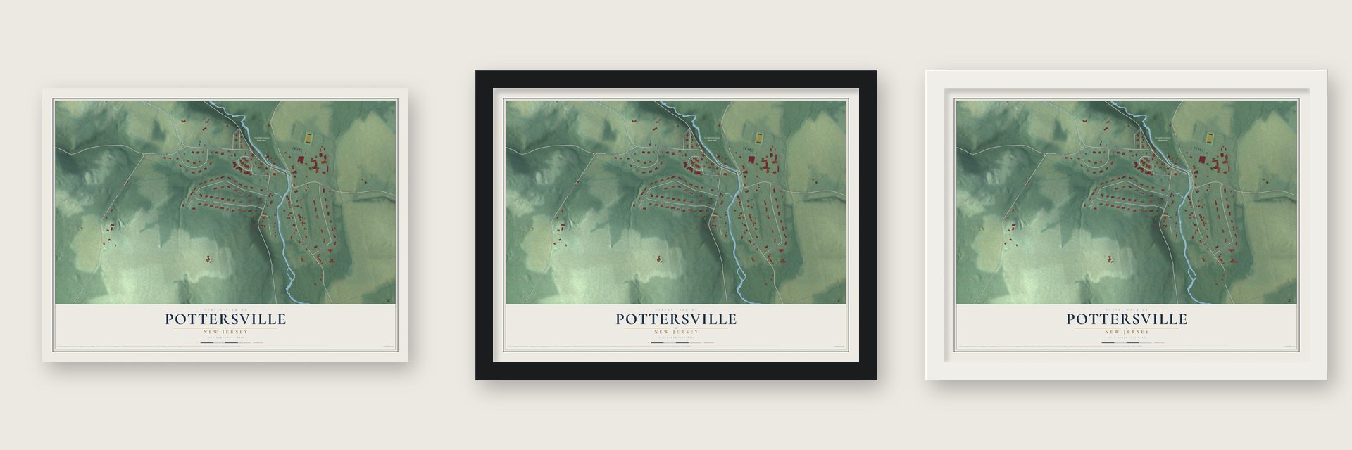 Pottersville, New Jersey map unframed, in a black wood frame and in a white wood frame